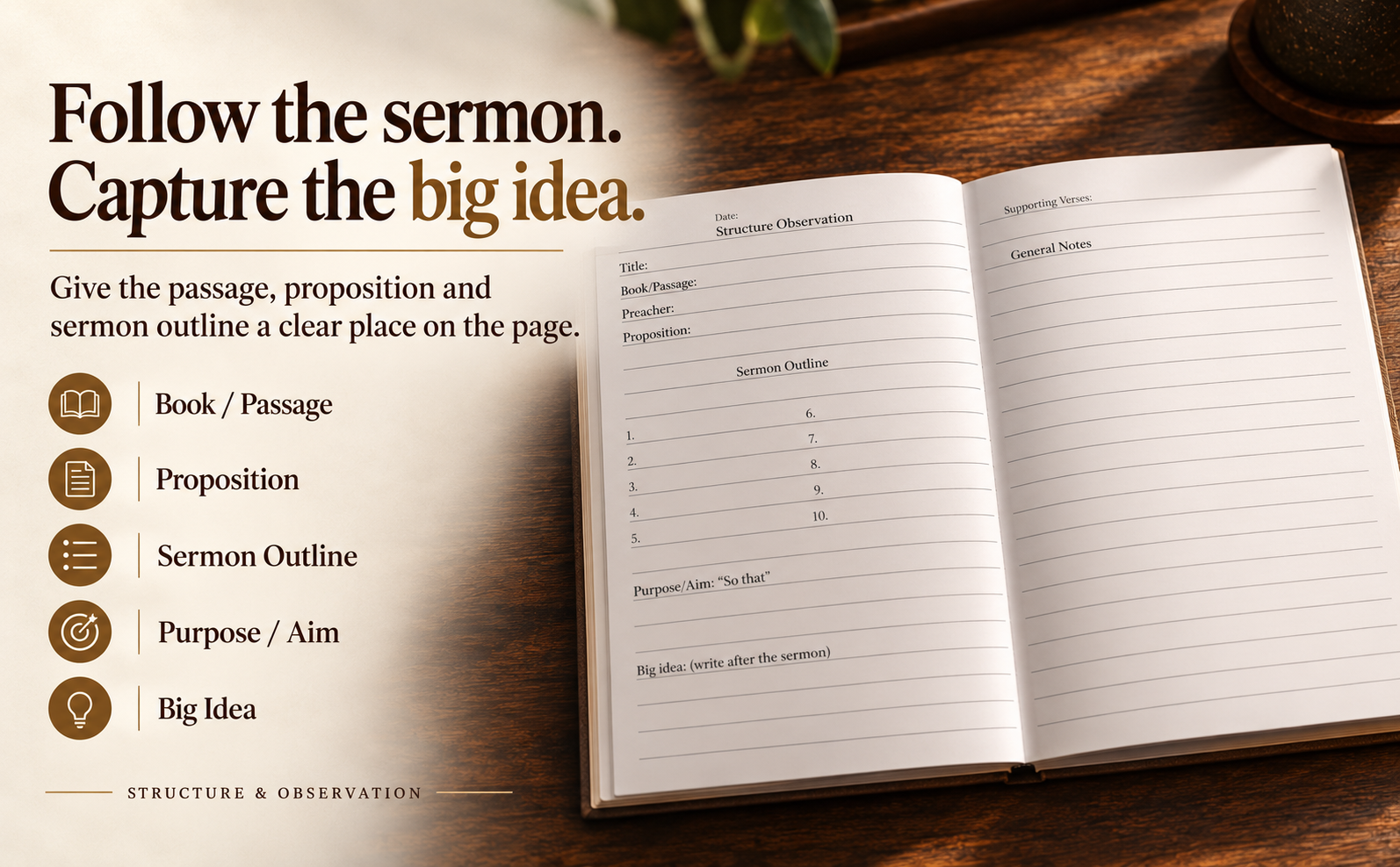 Open YHWH LKR sermon notebook showing fields for the passage, proposition, sermon outline, purpose and big idea