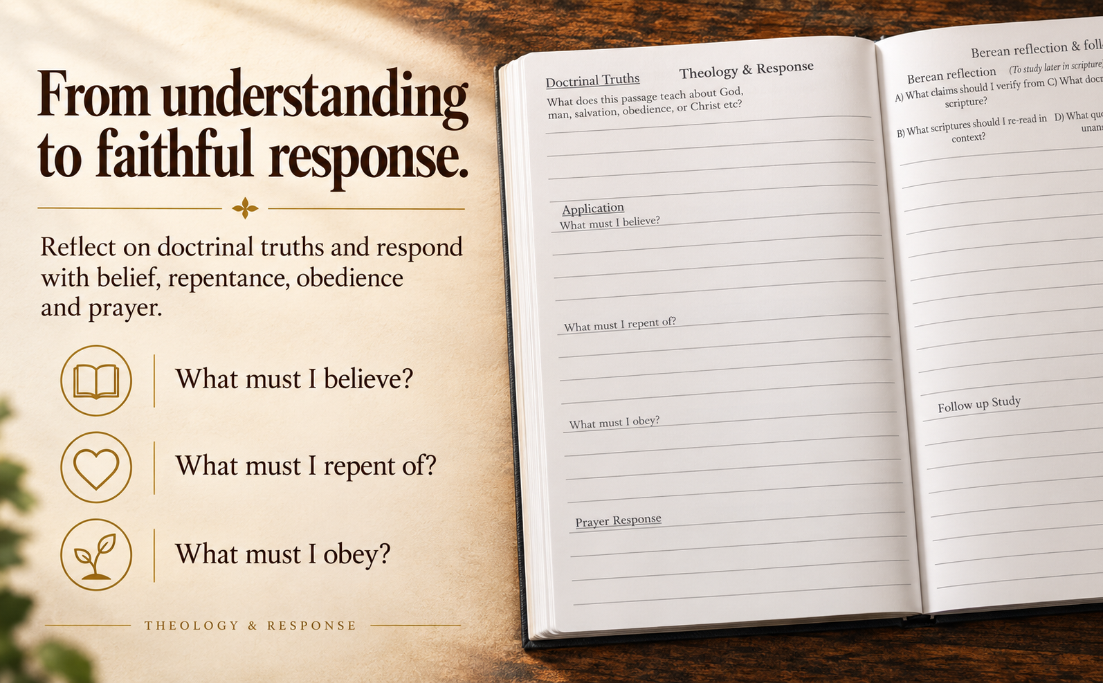 Open notebook at Theology and Response prompts for belief, repentance, obedience and prayer