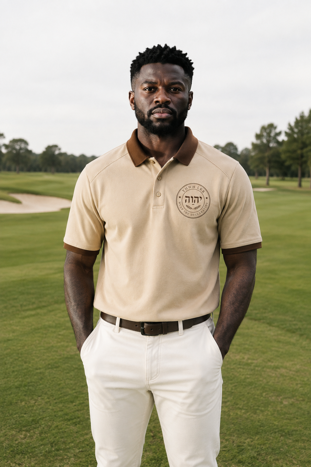 Sand-coloured polo shirt with contrast brown collar and cuffs, tonal YHWH LKR crest embroidered on the chest.