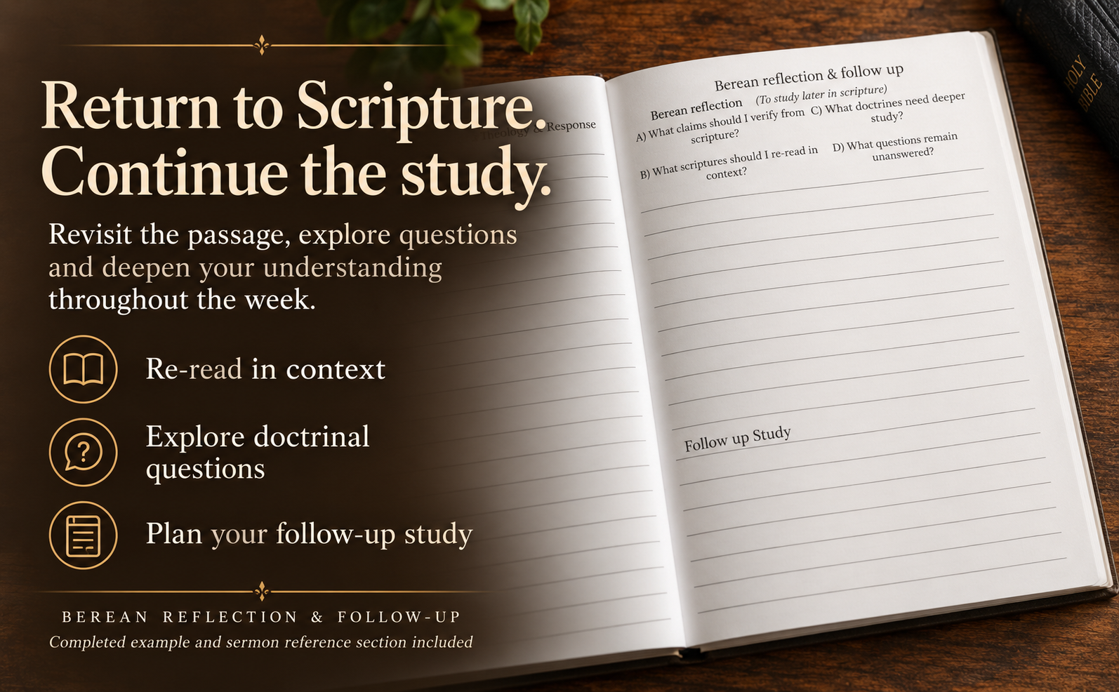 Open notebook showing Berean Reflection and Follow-Up prompts for checking context, recording questions and planning further study
