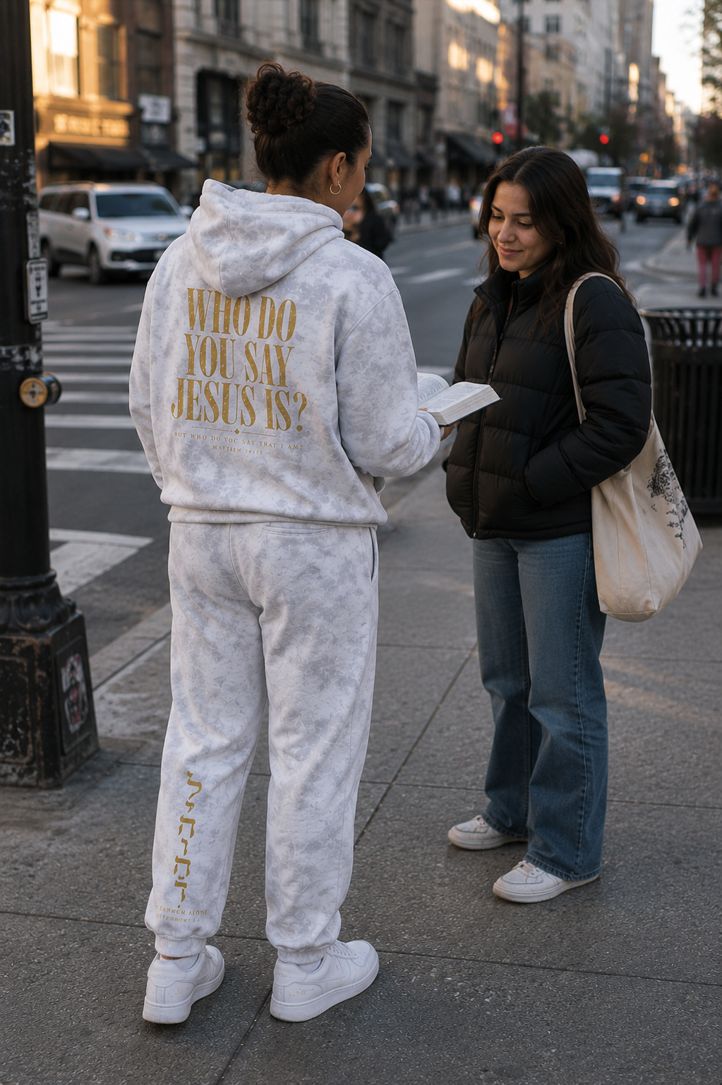 Cream marbled hoodie and matching sweatpants worn on a sidewalk, gold back print reading “Who do you say Jesus is?”.
